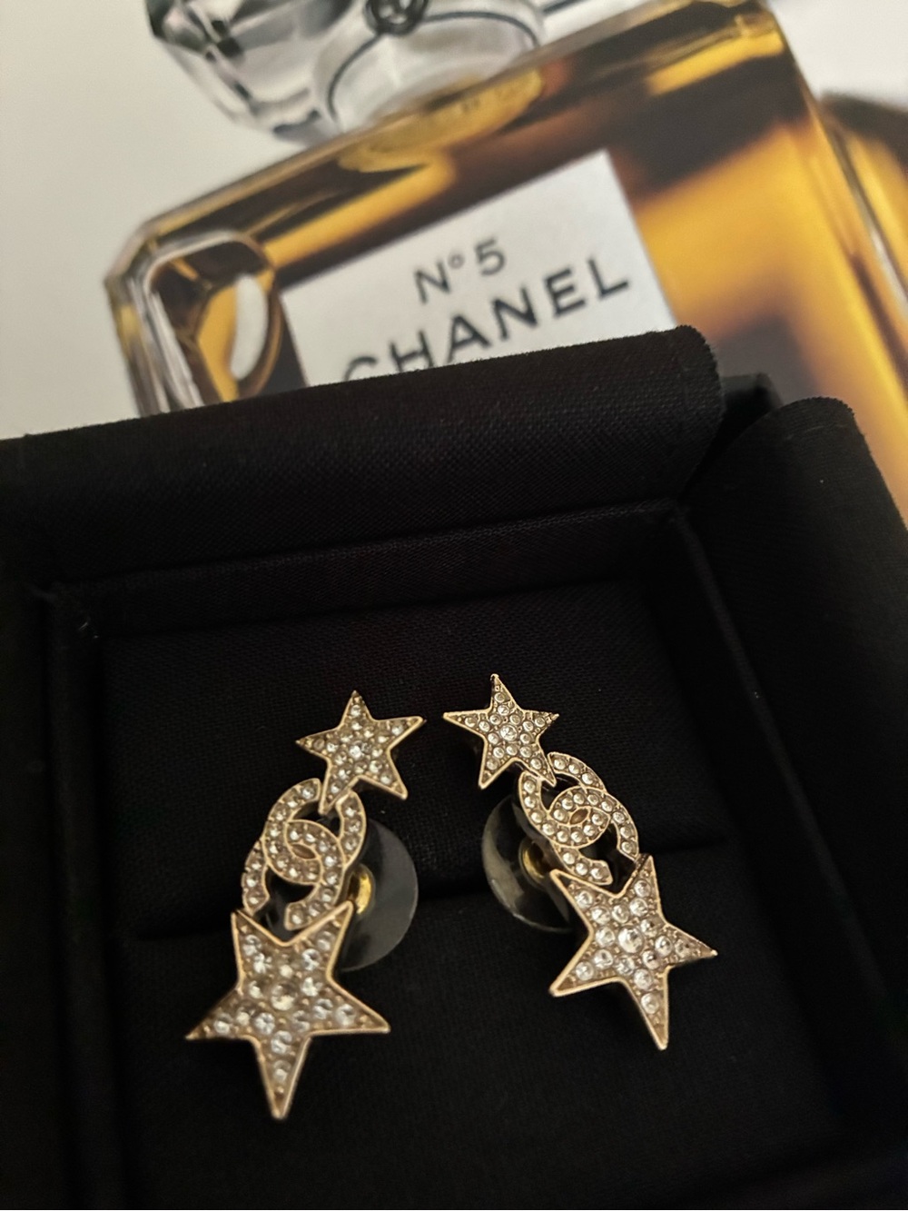 CHANEL Gold Crystal Star Crawler Stud Earrings